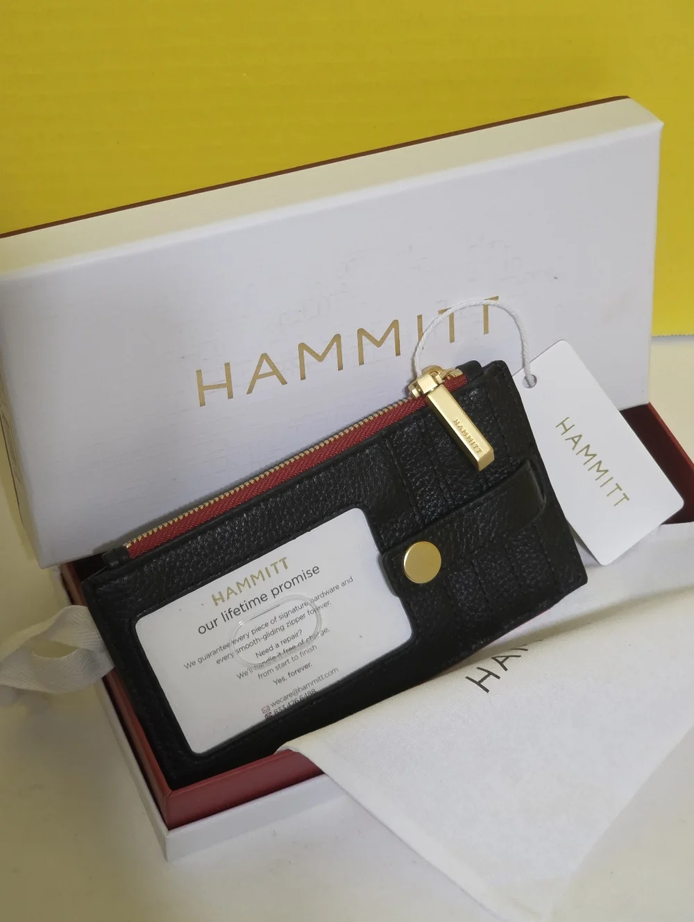 Hammitt Black Leather Card Wallet with Red Zipper and Gold Hardware - Picture 3 of 4